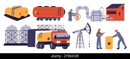 Arbeiter in der Ölindustrie. Cartoon-Ölmänner in Arbeitskleidung. Gasleitungen. Industrielle Container oder Fässer. Lagertanks. Erdölingenieure. Benzinlogistik Stock Vektor