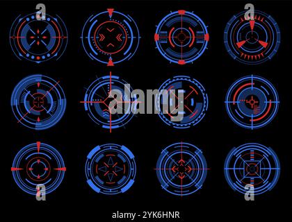 Futuristische Spielziele. Optische HUD-Scharfschützenobjekte. Genauigkeitsschilder. Militärsimulator. Radarpositionen. Sucherrahmen der Kamera. Bullseye Fadenkreuz. Fo Stock Vektor