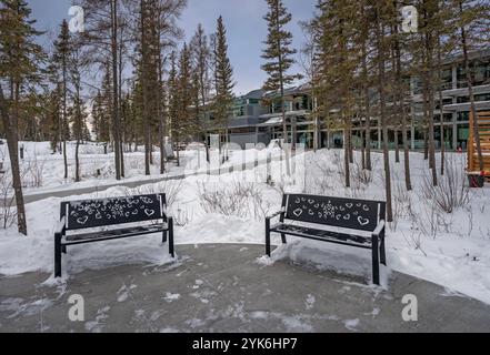 Winteransicht der Bänke vor der Legislative Assembly der Northwest Territories in Yellowknife, Kanada Stockfoto