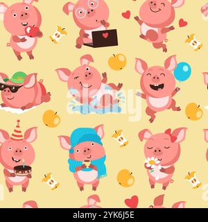 Niedliches nahtloses Schweinemuster. Kleine lustige Haustiere. Cartoon Farm Charaktere. Verschiedene Posen und Aktionen. Rosafarbenes Ferkel mit Urlaubskuchen. Wiederholen Stock Vektor