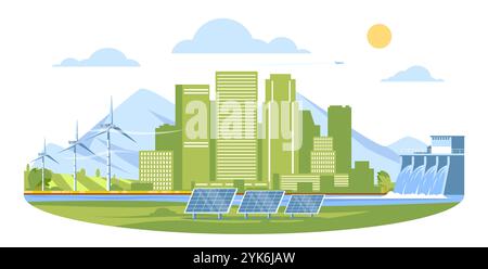 Stadt mit alternativer Energie. Umweltfreundlicher Stadtkomplex. Sonnenkollektor. Windgenerator. Wasserkraftwerk. Grüne Landschaft. Umweltschutz Stock Vektor