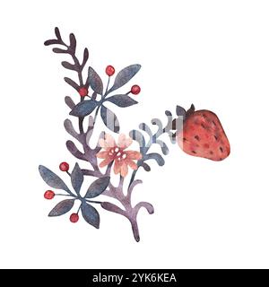 Abstrakte Aquarellzweig der Erdbeere. Handgezeichnetes Doodle mit Beeren, Blättern, Zweigen und Blumen Stockfoto