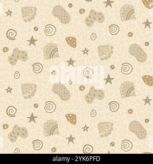 Nahtloses beigefarbenes Muster mit skurrilen Muscheln, Seesternen und abstrakten Formen. Kinderzimmer endloser Hintergrund. Strandwiederholung. Ruhiges warmes Oberflächenmuster Vektor-flaches Design. Stock Vektor