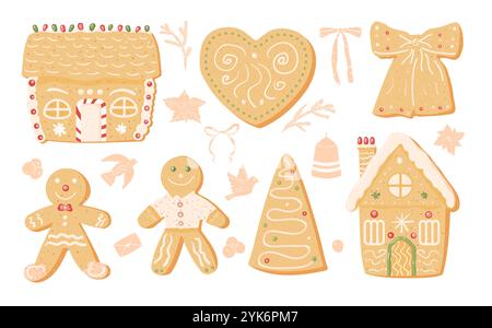 Weihnachtskekse. Schleife, Weihnachtsbaum und Lebkuchenmann mit Haus- und Herzform-Süßigkeiten-Sammlung. Festlich dekorierte Backkollektion. Vektorillustration isoliert auf weißem Hintergrund. Stock Vektor