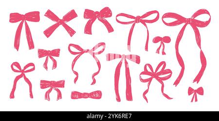 Schleife mit Buntstift. Bowknots isoliert auf weißem Hintergrund. Rote Grunge strukturierte Weihnachtsdekoration. Silhouette-Kollektion mit Coquette-Bändern für festliche Kugeln. Vektorillustration isoliert auf weißem Hintergrund. Stock Vektor