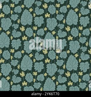 Heuchera und Geranium Allover Laub endlosen Hintergrund. Stilisierte Blätter mit einem nahtlosen Muster im dunkelgrünen Hintergrund. Geheimes Gartenmotiv mit Oberflächenmuster. Vektor handgezeichnet flache Illustration. Stock Vektor