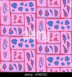 Hinterlässt ein nahtloses Patchwork-Muster. Lebendige Pflanzensegmente endloser Hintergrund. Oberflächenmuster mit rosa und blauem Blumenmotiv. Vektor handgezeichnet flache Illustration. Stock Vektor