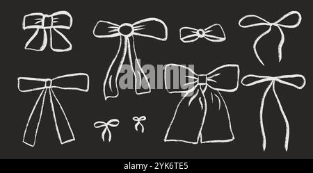 Weiße Buntstifte. Coquette-Bänder im Doodle-Stil. Kreidezeichnung Bugknoten isoliert auf dunklem Hintergrund. Vektorabbildung. Stock Vektor