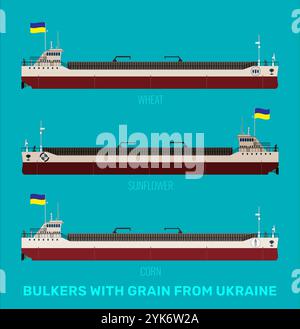 Serie von Illustrationen von ukrainischen Massengutfrachtern mit Getreide Mais, Sonnenblumen, Weizen auf blauem Meeresgrund. Massengutfrachter tragen eine gelb-blaue Flagge. Stock Vektor