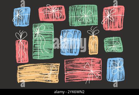 Geschenkbox mit Buntstift. Geburtstagspackung mit Schleifenschleifen. Kollektion festlicher farbenfroher Elemente im Doodle Scribble-Stil. Vektorillustration auf schwarzem Hintergrund. Stock Vektor