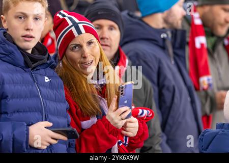 Oslo, Norwegen 17. November 2024 Fans zeigen ihre Unterstützung vor dem Fußball-Spiel der Gruppe B der UEFA Nations League zwischen Norwegen und Kasachstan, das im Ullevaal Stadion in Oslo, Norwegen ausgetragen wurde Stockfoto