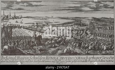 Großer Nordkrieg (1700–1721). Konflikte um die Vorherrschaft in der Ostsee. Die Rivalität zwischen Schweden, das in Nordeuropa dominiert, und Russland, Dänemark-Norwegen und der Republik der beiden Nationen veranlassten diese drei staaten zusammen mit Sachsen 1700 zu einer antischwedischen Koalition. Schlacht von Daugava oder Schlacht von Spilve (9. Juli 1701). Die Armee von König Karl XII. Von Schweden Griff die Befestigungen von Lucavsala über den Fluss Daugava an und besiegte die Russen. Die Gravur zeigt das Ende der Schlacht. Die schwedische Infanterie (Fahnenträger, Musketiere, Pikeniere) greift an. Ein Stockfoto