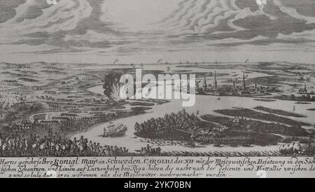 Großer Nordkrieg (1700–1721). Konflikte um die Vorherrschaft in der Ostsee. Die Rivalität zwischen Schweden, das in Nordeuropa dominiert, und Russland, Dänemark-Norwegen und der Republik der beiden Nationen veranlassten diese drei staaten zusammen mit Sachsen 1700 zu einer antischwedischen Koalition. Schlacht von Daugava oder Schlacht von Spilve (9. Juli 1701). Die Armee von König Karl XII. Von Schweden Griff die Befestigungen von Lucavsala über den Fluss Daugava an und besiegte die Russen. Der Text des Stiches lautet: „Eine heftige Schlacht, in der der schwedische König Karl XII. Die Muskowiter besiegte, die WHO Stockfoto