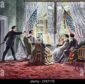 Ermordung von Abraham Lincoln, Abraham Lincoln, dem 16. Präsidenten der Vereinigten Staaten, erschossen von John Wilkes Booth, während er an dem Stück teilnahm Unser amerikanischer Cousin im Ford's Theatre in Washington, D.C. schoss in den Kopf, als er das Stück sah. John Wilkes Booth ermordete Abraham Lincoln im Ford's Theatre. Stockfoto