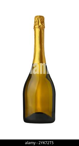 Schließen Sie eine voll offene gelbe braune Glasflasche Champagner oder Prosecco Weißschaumwein mit goldener Folie, kein Papieretikett, isoliert, herausgeschnitten P Stockfoto