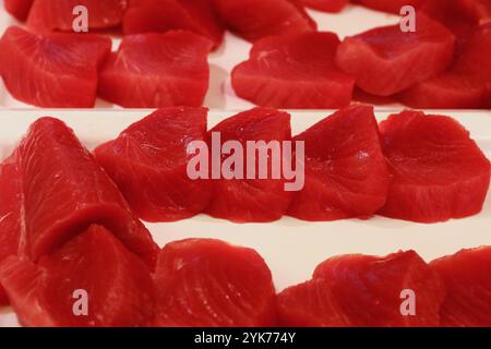 Frische, glitzernde Thunfischfilets sind ordentlich auf weißen Tabletts angeordnet und zeigen ihre leuchtende rote Farbe und zarte Textur, perfekt für die Zubereitung von Süssstoff Stockfoto