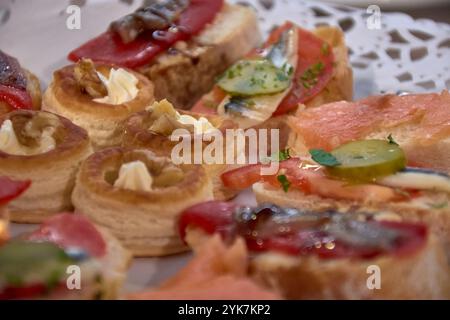 Eine Nahaufnahme eines Tellers mit verschiedenen Vorspeisen, einschließlich Canapés und kleinen Häppchen, die wunderschön für ein Gourmet-Event oder eine Zusammenkunft arrangiert sind. Stockfoto