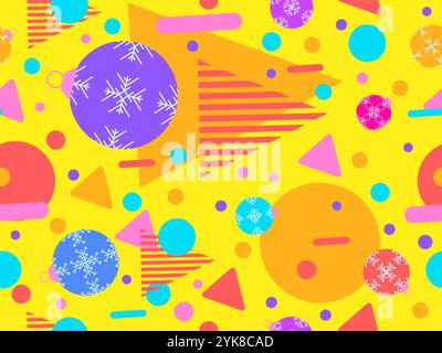 Geometrisches nahtloses Muster mit Weihnachtskugeln. Weihnachtsdekoration und geometrische Formen im memphis-Stil der 80er Jahre. Design von Tapeten, Verpackungen, cov Stock Vektor