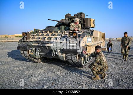 Die US-Luftwaffe, die der 386th Expeditionary Logistics Readiness Squadron zugeordnet sind, und ein US-Army-Soldat, der der 2nd Squadron, 278th Armored Cavalry Regiment, zugewiesen wurde, helfen bei der Vorbereitung eines M2A3 Bradley Kampffahrzeugs während einer gemeinsamen Inspektion am 28. Oktober 2024 innerhalb des US Central Command Area of Responsibility. Im Rahmen des gemeinsamen Inspektionsverfahrens wird überprüft, ob alle Sicherheitsstandards für den Transport eingehalten werden, um ein angemessenes Gleichgewicht des Flugzeugs während des Fluges zu gewährleisten. (Foto der US Air Force) Stockfoto