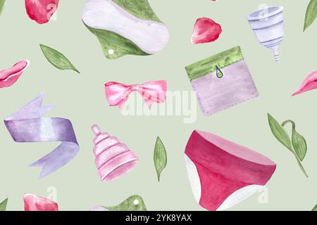 Wiederverwendbares Periode Pad, Tassen, Pantie Aquarell nahtloses Muster auf grünem Hintergrund. Perfekt für Menstruationspflege, Werbung, Verpackung, Karten Stockfoto
