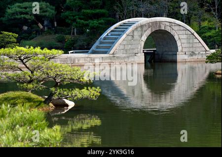 Der Sukkei-en Garden im Herzen von Hiroshima wurde nach dem Zweiten Weltkrieg wieder aufgebaut und ist berühmt für seine Kokokyo-Brücke über den Takueichi-Teich und die Seifukan Hall. Stockfoto