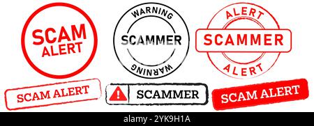 Betrugswarnung Vorsicht Informationen Sicherheit Kriminellen Betrug Diebstahl Daten Tarnung sichere Warnung Warnmeldung Warnzeichen rote schwarze Abzeichen Label Emblem Aufkleber Banner Stock Vektor