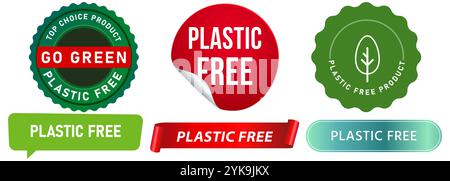 Kunststofffrei Null Abfall reduzieren Go Green Bewegung umweltfreundliche Umwelt natürliche Blatt Zeichen Stempel Bunte Abzeichen Aufkleber Band Banner Etikettendesign Stock Vektor