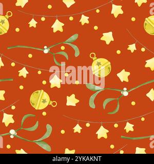 Nahtloses Muster Weihnachten mit goldenen Glocken, Sterne, grüne Mistel Zweige mit weißen Beeren, Aquarell digitale Illustration für Druck Stockfoto