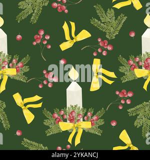 Nahtlose Muster für Winterurlaub mit Kerze, Flamme, roten Beeren, goldenen Bogen, Weihnachtsbaumzweigen, Aquarellabbildung für „Druck auf physisch“ Stockfoto