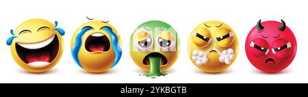 Weinende Emoji-Vektorzeichen gesetzt. Emojis Clipart in lachenden, schluchzenden, erbrochenen, mürrischen und bösen Gesichtsausdrücken grafische Designelemente. Vektor Stock Vektor