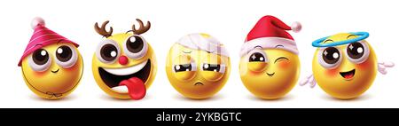 Rentier-Emoji-Vektor-Zeichensatz. Clipart Emojis santa, Geburtstagsklown, Engel und Verbandsfiguren mit niedlichen, lustigen, traurigen, zwinkernden und netten Elementen Stock Vektor