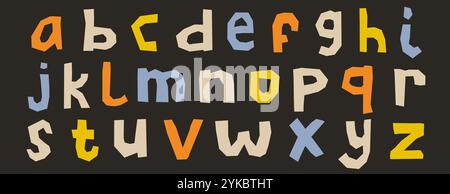 Papierkorrektur. Buntes Collage-Set mit kleinen Buchstaben. Basteln Sie Kid Schriftart Elemente Bundle für Dekoration, Poster, Banner, Druck. Kleinschreibung abc-Pack im Ransom-Stil. Vektor Stock Vektor