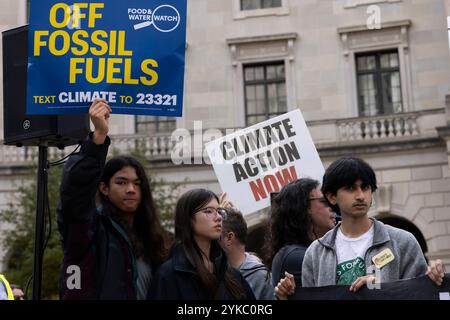 Am 17. November 2024 demonstrieren Umweltaktivisten vor der Federal Triangle Metro Station in Washington DC, USA. Die Kundgebung verlangt eine Klimaschutzaktion, bevor der gewählte US-Präsident Donald Trump sein Amt antritt. Die Einweihung von Donald Trump als 47. Präsident der Vereinigten Staaten ist für Montag, den 20. Januar 2025 geplant. Stockfoto