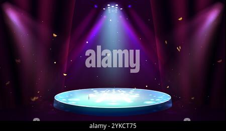 Rundes Podium mit Spotlight-Beleuchtung und roten Vorhängen. Vektor-realistische Illustration der Zirkusarena, kreisförmige Konzertbühne, Produktpräsentationsplattform mit Lichtern und goldenem Konfetti in der Luft Stock Vektor