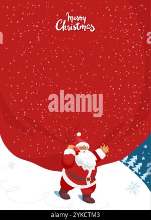 Weihnachtsmann bringt einen riesigen Sack Geschenke für Kinder, lustige Kopie Raum weihnachtskarte, flache Comic Vektor Poster. Moderne Neujahrtapete Stock Vektor