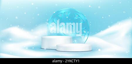 Weißes kreisförmiges Podium auf schneebedecktem Winterhintergrund mit durchscheinendem blauem Eisdekorationsmedaillon. Fallende Schneeflocken und Schneeflocken für Produktpräsentationen, Saison- oder Urlaubsaktionen. Stock Vektor