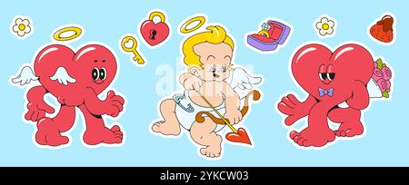 Retro-Aufkleber mit Herz- und Cupid-Schriftzeichen, die auf dem Hintergrund platziert sind. Zeitgenössische Vektor-Karikaturillustration der groovigen Valentinstag-Ikonen, Baby-Engel mit Bogen, Verlobungsring, romantisches Geschenk Stock Vektor