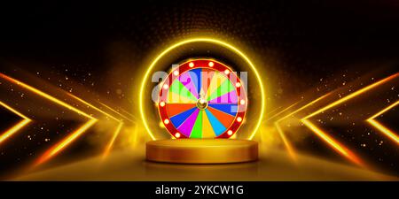 Buntes Casino-Drehrad über goldenem runden Podium mit hellen Neonlaserpfeilen und leuchtenden Ringen auf dunklem Hintergrund. Glücksspiel-Aktionen, Lottoankündigungen oder Spielshow-Konzepte. Stock Vektor