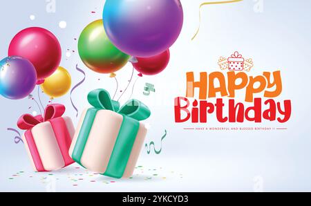 Geburtstag Geschenke Vektor Vorlage Design. Grußtext mit Geschenkboxen und metallischen Hochglanzballons für Party-Event-Einladungskarten Stock Vektor