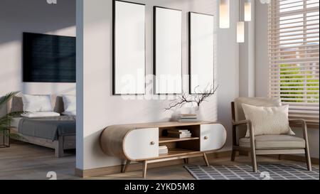 Die Inneneinrichtung eines modernen, luxuriösen Apartmentzimmers oder einer Hotelsuite umfasst ein Wohnzimmer und ein Schlafzimmer. Innenraum zu Hause, 3D-Rendering, 3D-Il Stockfoto