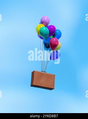 Der Lederkoffer wird von farbenfrohen Ballons angehoben, die in einem klaren blauen Himmel fliegen, und stellt unbeschwerte Reisen und Abenteuer dar. 3D-Rendering Stockfoto