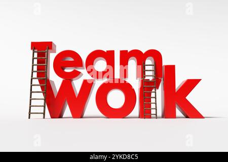 Teamwork, Zusammenarbeit und Zweisamkeit. Zwei Holzleitern lehnen sich auf das Wort Teamwork vor weißem Hintergrund. 3D-Rendering Stockfoto