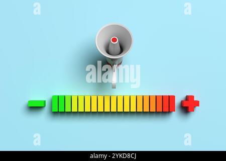 Marketingankündigung und Konzept zur Lautstärkeregelung. Lautstärke. Weißes Megaphon erhöht das Volumen auf farbenfrohem Balkendiagramm auf blauem Hintergrund. 3D-Rend Stockfoto