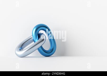 Zwei Kettenglieder aus Metall, ein silbernes und ein blaues, auf weißem Hintergrund miteinander verflochten, stehen für Partnerschaft und Zusammenarbeit. 3D-Rendering Stockfoto