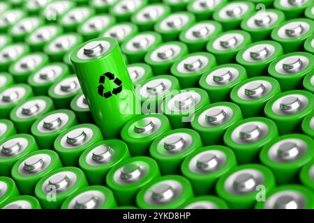 Unendliche grüne Batterien mit Recycling-Symbol, das auf Batterierecycling und unendliche Energie hinweist. 3D-Rendering Stockfoto