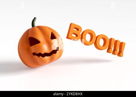 Lustiger Halloween-Kürbis mit dem Wort Buh daneben, auf weißem Hintergrund. 3D-Rendering Stockfoto