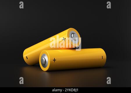 Zwei gelbe aa-Batterien liegen auf einer dunklen reflektierenden Oberfläche und bieten ein Konzept für tragbare Stromversorgung. 3D-Rendering Stockfoto