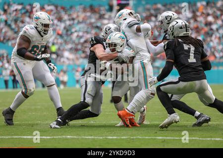 Miami Gardens, FL USA; Miami Dolphins Wide Receiver Malik Washington (83) läuft mit dem Ball, während er von den Las Vegas Raiders Linebacker Robert Spillane (41) während eines NFL-Spiels am Sonntag, den 17. November 2024 im Hard Rock Stadium angegriffen wurde. Die Delfine besiegten die Raiders 34-19. (Kim Hukari/Bild des Sports) Stockfoto