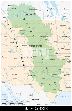 Vektorkarte der Great Plains Region in Nordamerika Stockfoto