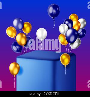Blaues 3D-Podium mit metallischen Ballons. Stock Vektor
